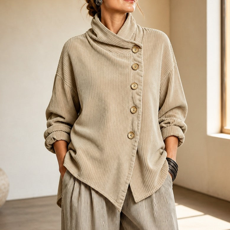Beige corduroy top with a funnel collar and diagonal buttons, front view