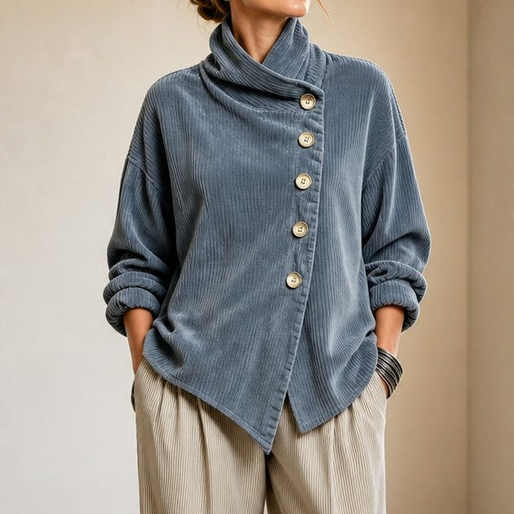 Blue corduroy top with a funnel collar and diagonal buttons, front view