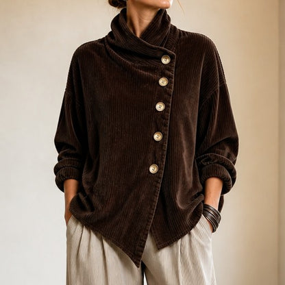Brown corduroy top with a funnel collar and diagonal buttons, front view