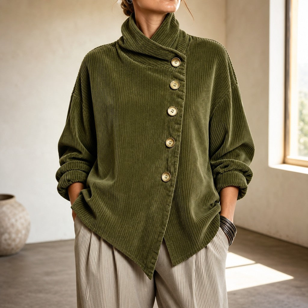 Olive green corduroy top with a funnel collar and diagonal buttons, front view