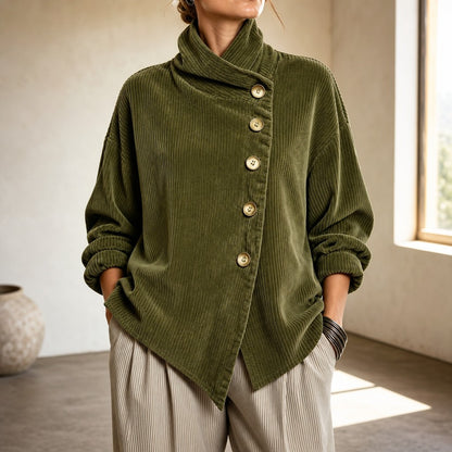 Olive green corduroy top with a funnel collar and diagonal buttons, front view