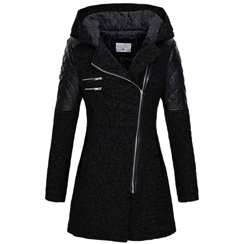 Black hooded jacket with a diagonal zip and quilted shoulder panels