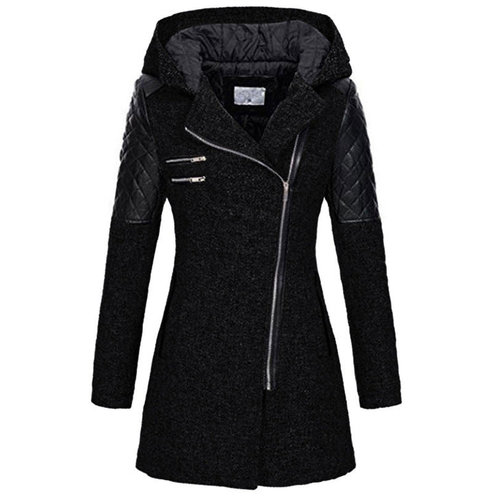 Black hooded jacket with a diagonal zip and quilted shoulder panels