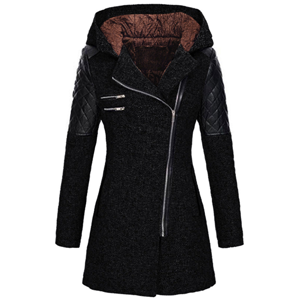 Black hooded jacket with a plush hood lining, front view