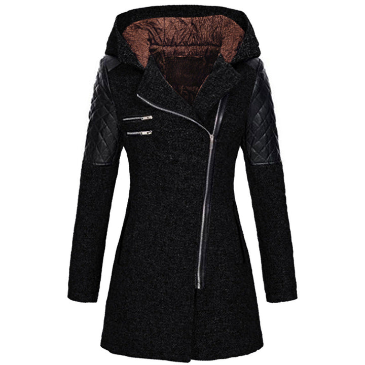 Black hooded jacket with a plush hood lining, front view