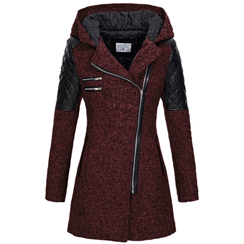 Burgundy hooded jacket with a diagonal zip and quilted shoulders