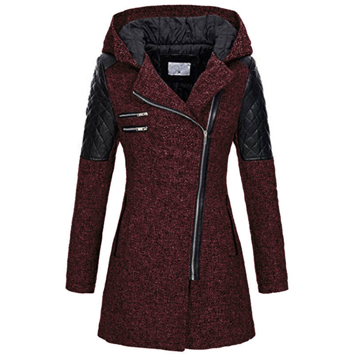 Burgundy hooded jacket with a diagonal zip and quilted shoulders