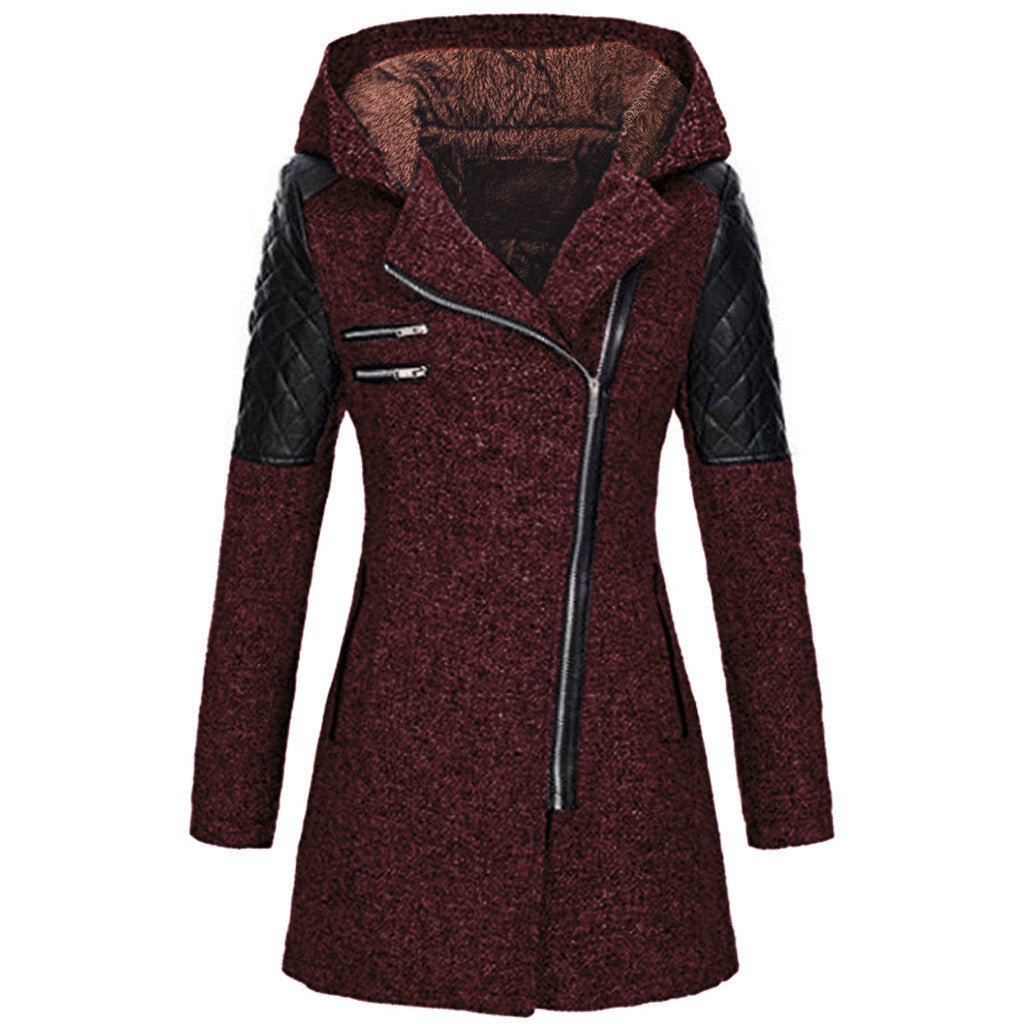 Burgundy hooded jacket with a plush hood lining, front view