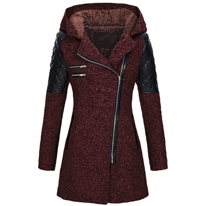 Burgundy hooded jacket with a plush hood lining, front view