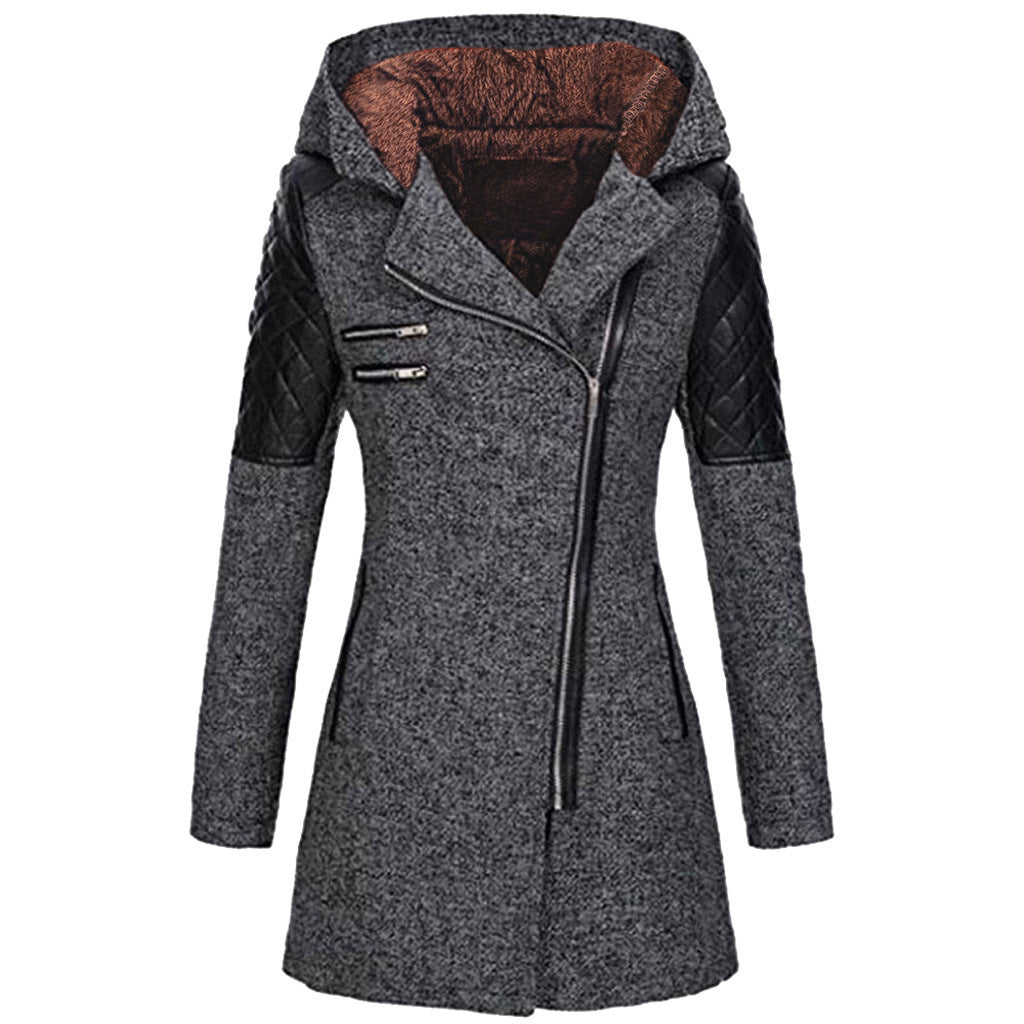 Dark grey hooded jacket with a diagonal zip and quilted shoulder panels