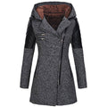 Dark grey hooded jacket with a diagonal zip and quilted shoulder panels