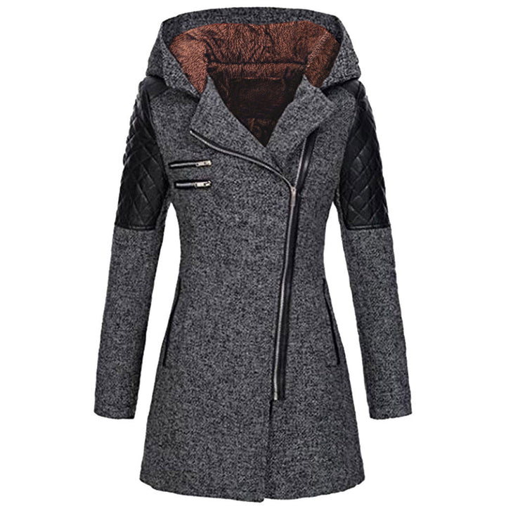 Dark grey hooded jacket with a diagonal zip and quilted shoulder panels