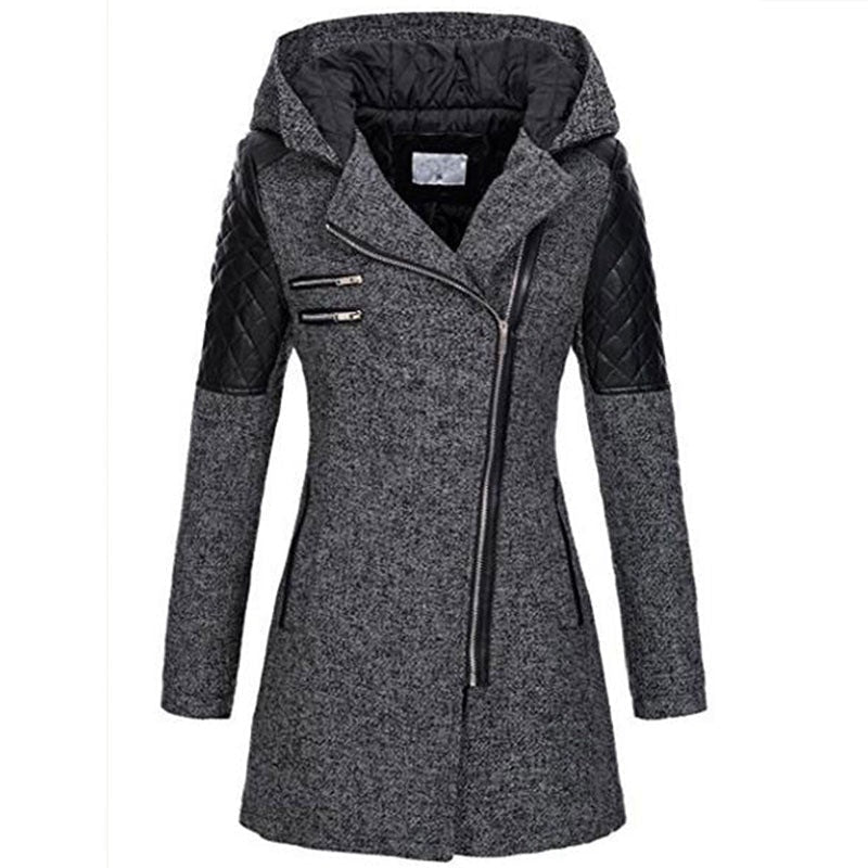 Dark grey hooded jacket with a quilted hood lining, front view