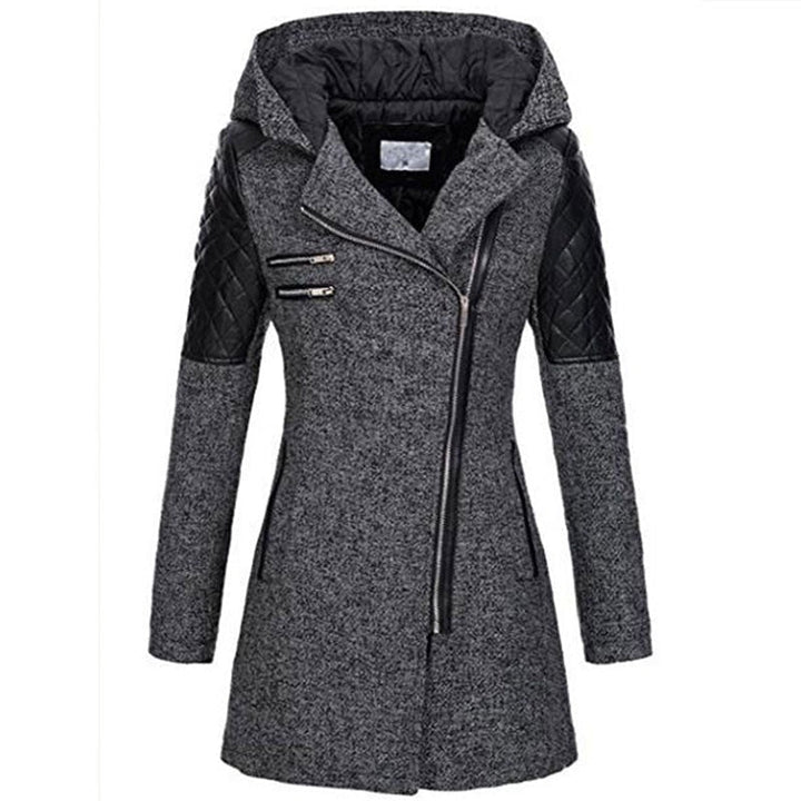 Dark grey hooded jacket with a quilted hood lining, front view
