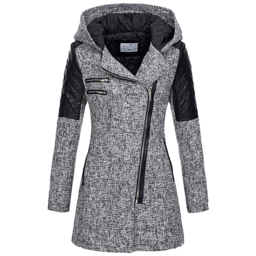 Light grey hooded jacket with a diagonal zip and quilted shoulders