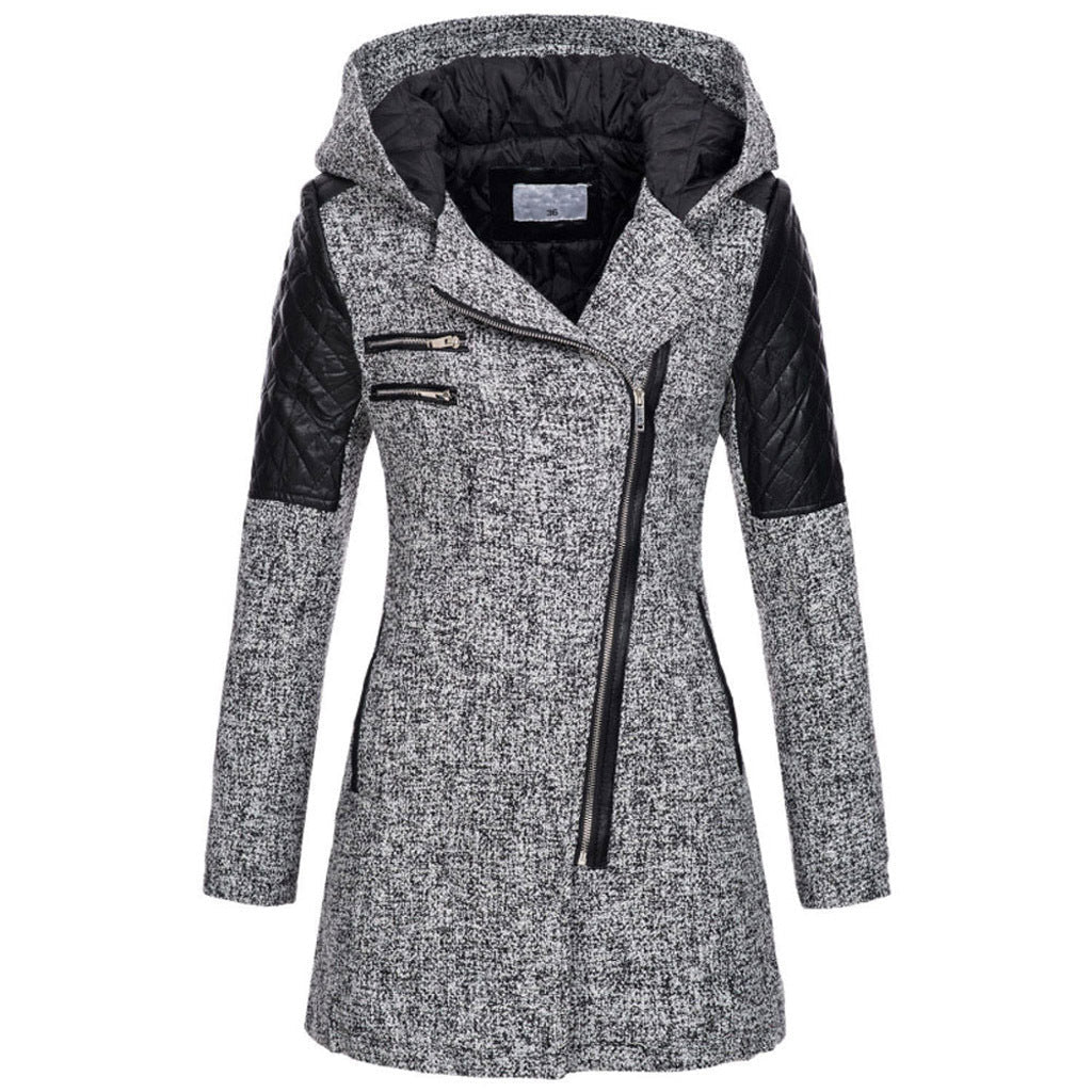 Light grey hooded jacket with a diagonal zip and quilted shoulders