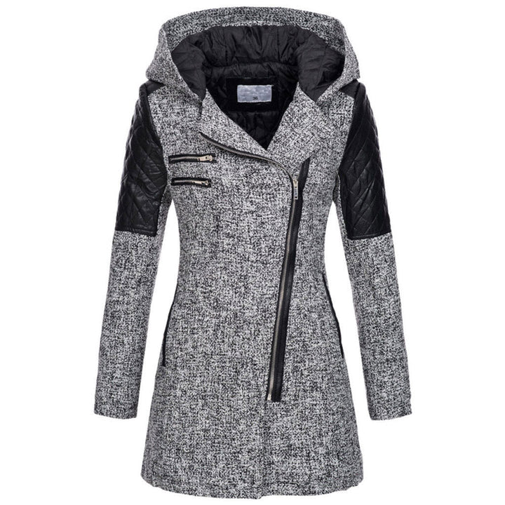 Light grey hooded jacket with a diagonal zip and quilted shoulders