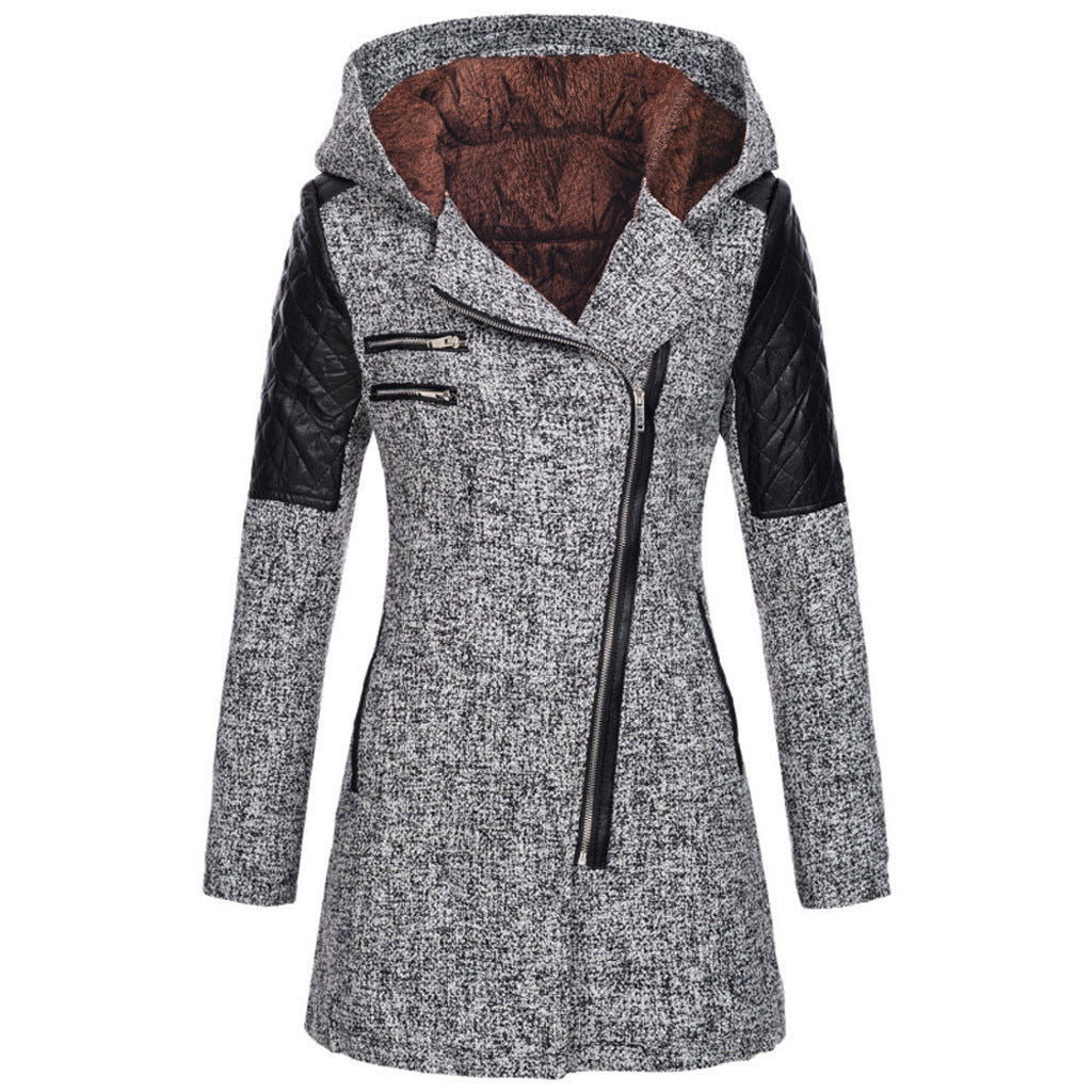 Light grey hooded jacket with a plush hood lining, front view