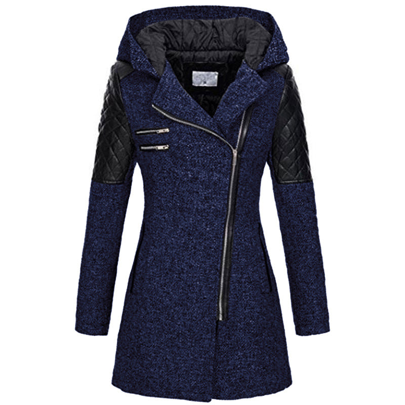 Navy hooded jacket with a diagonal zip and quilted shoulders