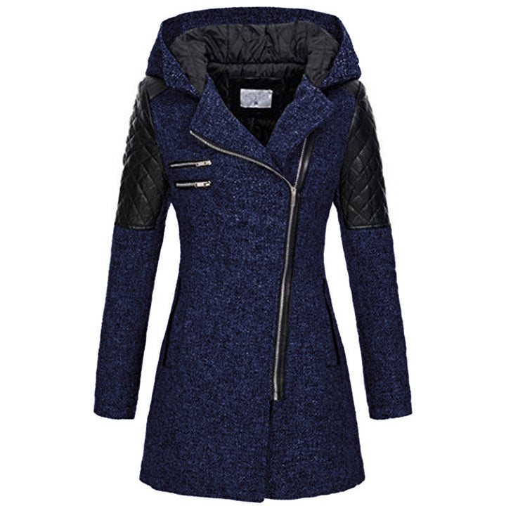 Navy hooded jacket with a diagonal zip and quilted shoulders