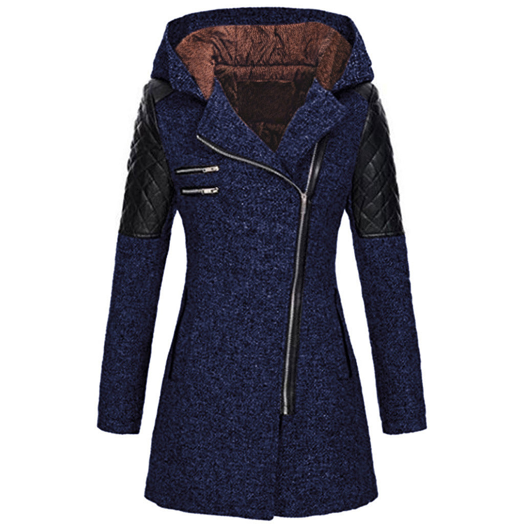 Navy hooded jacket with a plush hood lining, front view