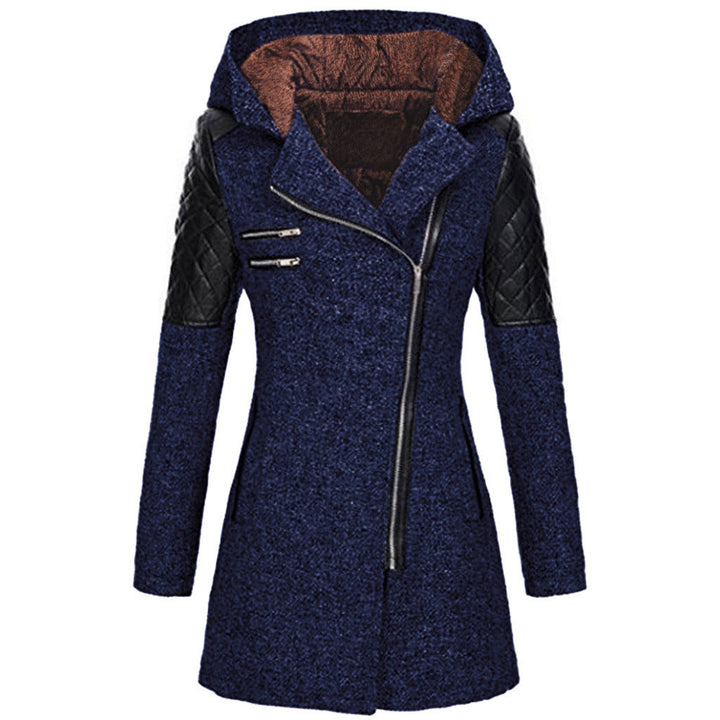 Navy hooded jacket with a plush hood lining, front view
