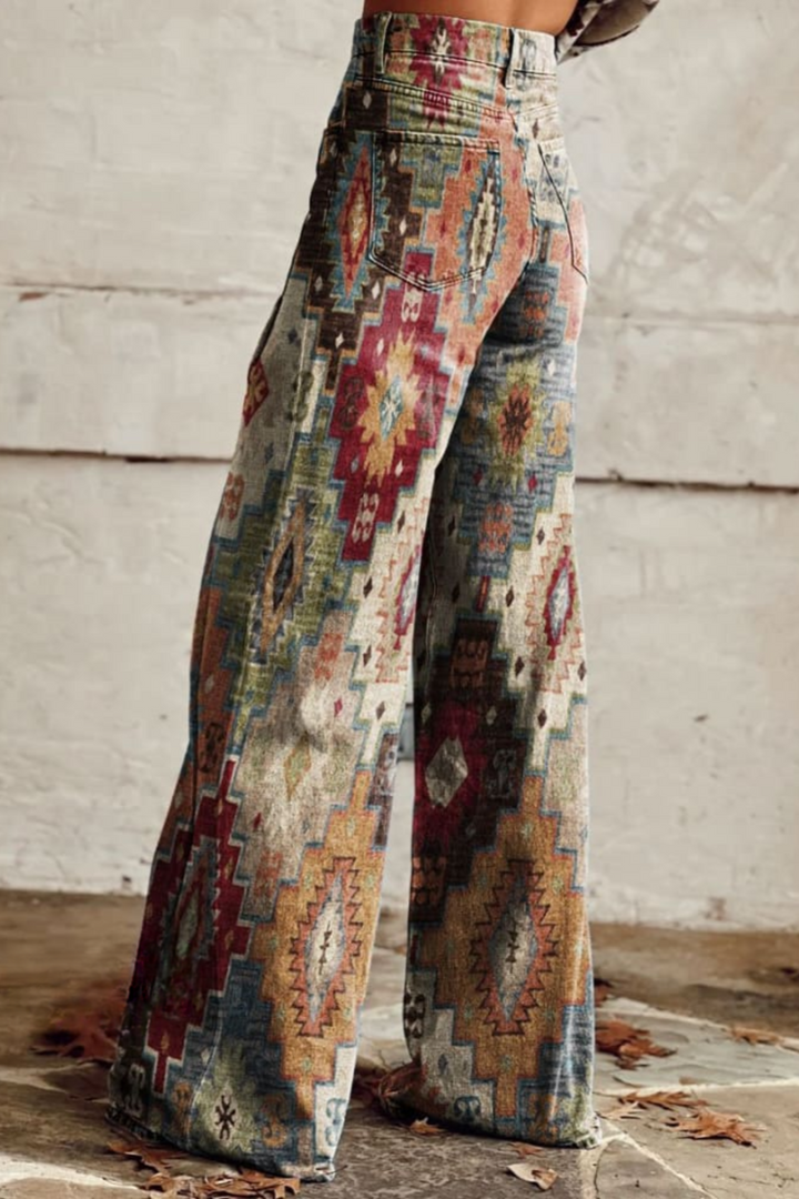 Wide leg Aztec print pants showing the high waist, back view