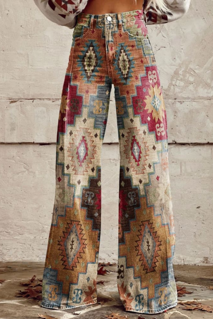 Wide leg pants in a stepped diamond Aztec print, front view