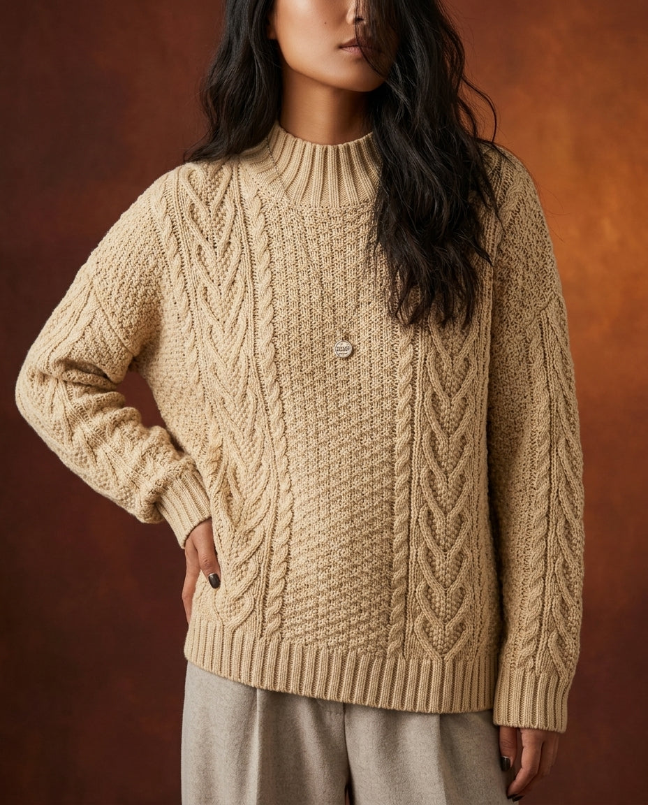 Beige cable knit sweater with a ribbed mock neck, front view