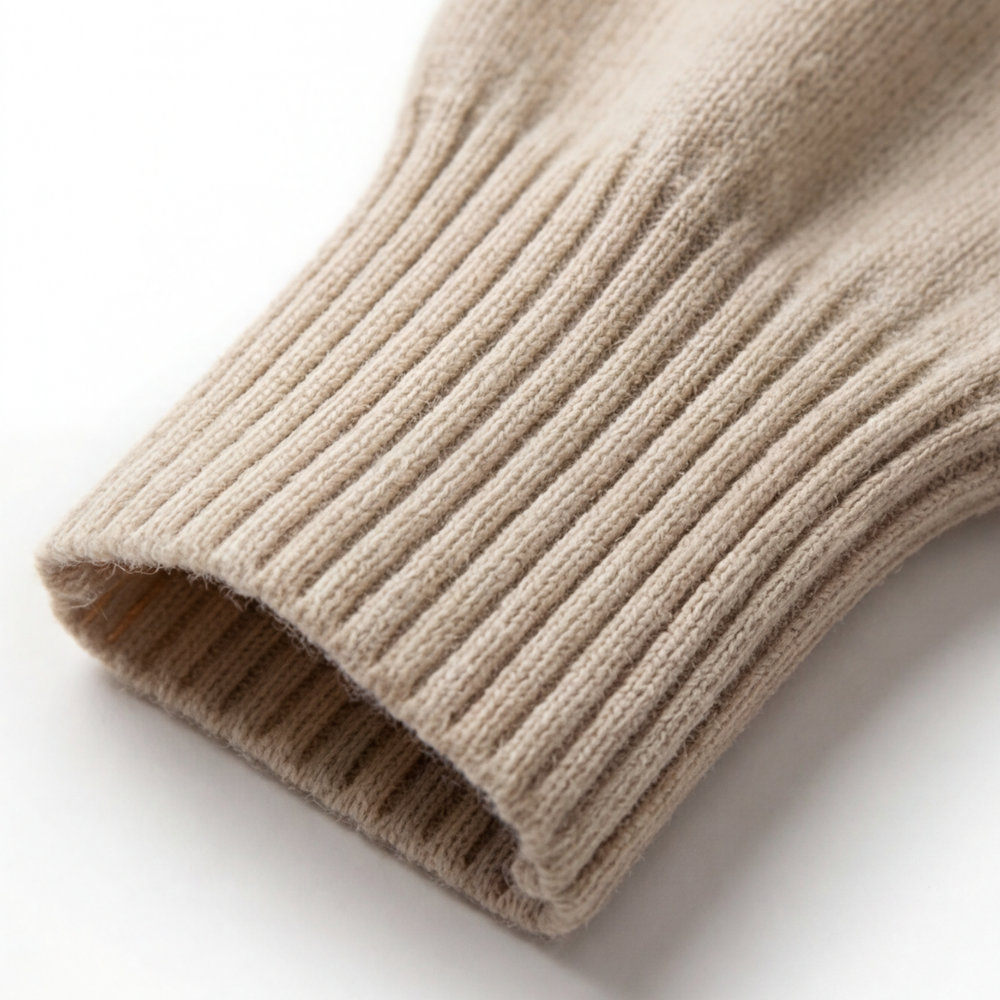 Close-up of the ribbed cuff on a beige oversized wool blend sweater