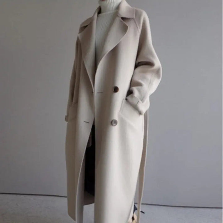 Belted Longline Coat in Beige | Valenira