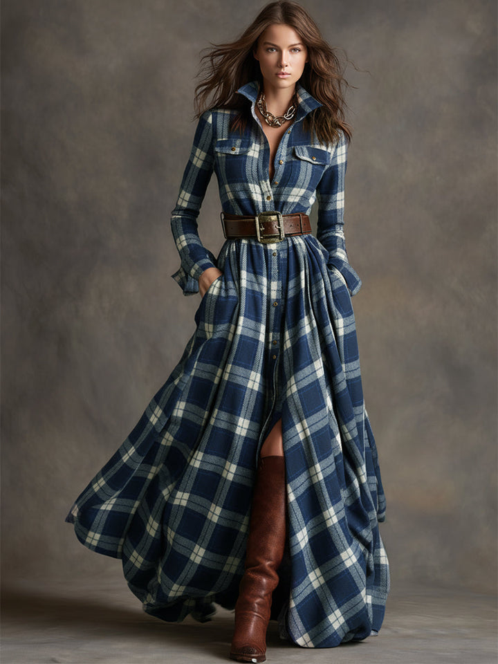 Belted Plaid Shirt Dress in Blue | Valenira