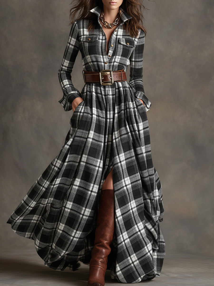 Belted Plaid Shirt Dress in Black | Valenira