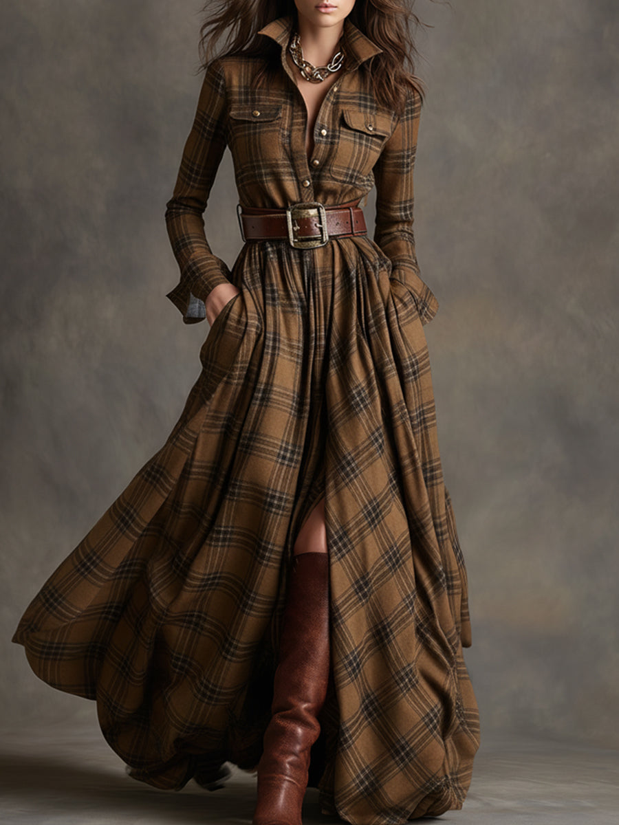 Belted Plaid Shirt Dress in Brown | Valenira