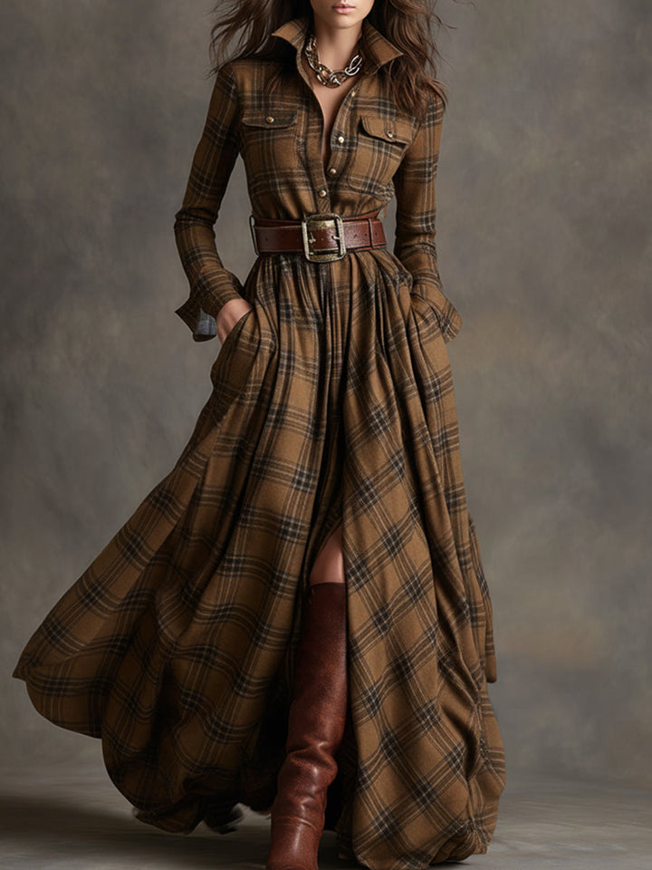 Belted Plaid Shirt Dress in Brown | Valenira