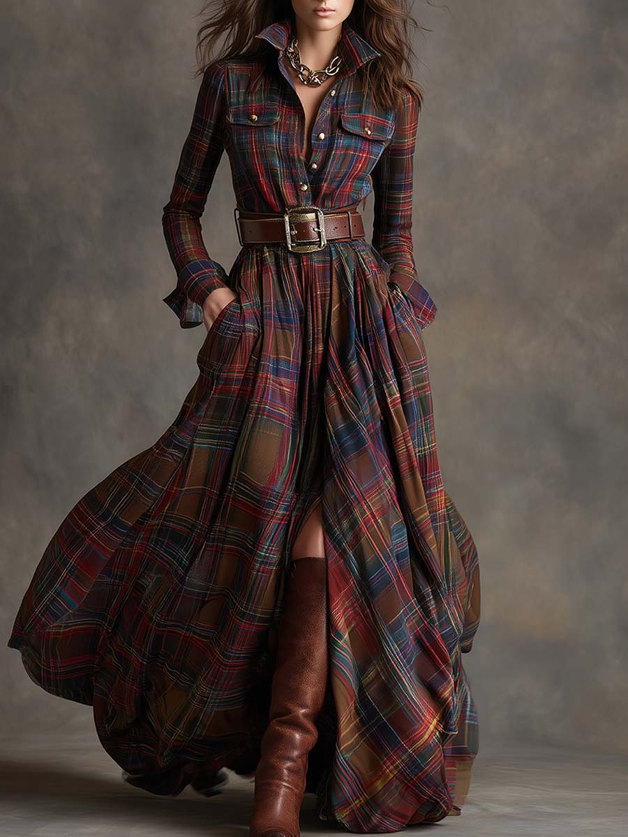 Belted Plaid Shirt Dress in Burgundy | Valenira
