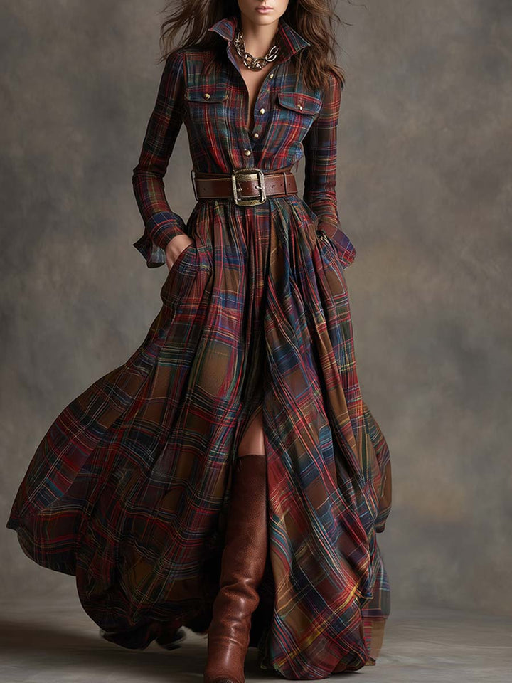 Belted Plaid Shirt Dress in Burgundy | Valenira