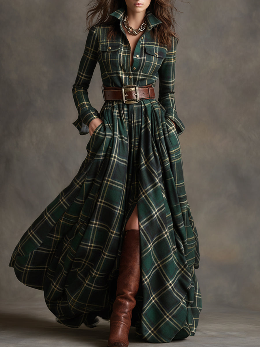 Belted Plaid Shirt Dress in Green | Valenira