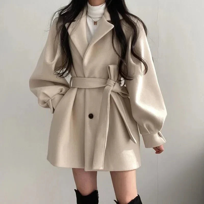 Belted Short A-Line Coat in White | Valenira