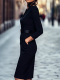 Belted Stand Collar Dress in Black | Valenira