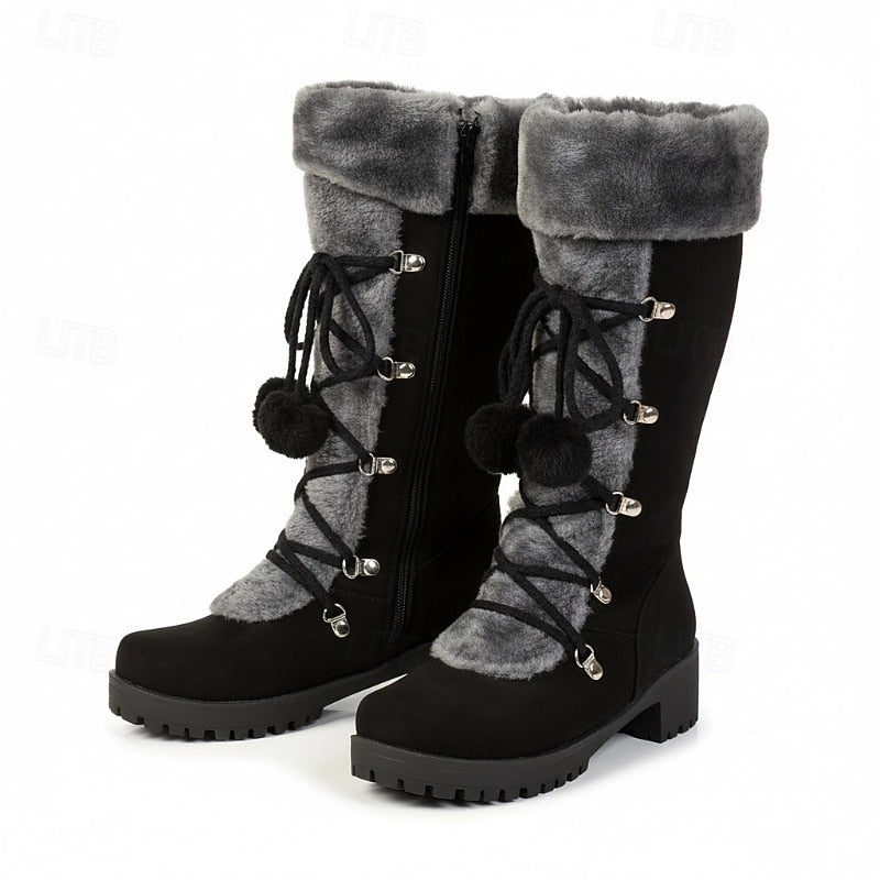 Single black fur cuff lace boot seen from the outer side
