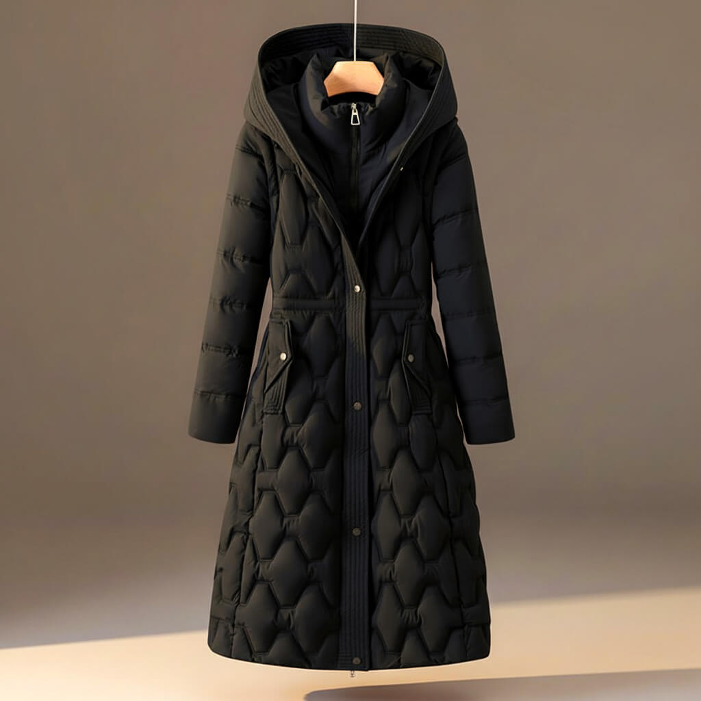 Black honeycomb quilted hooded coat shown from the front on a hanger