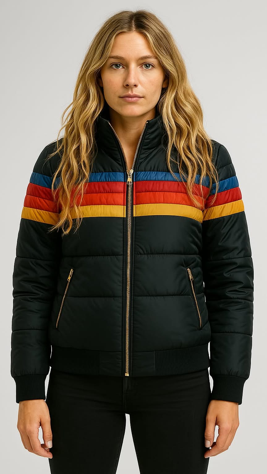 Black padded jacket with blue, red and yellow retro chest stripes, front view