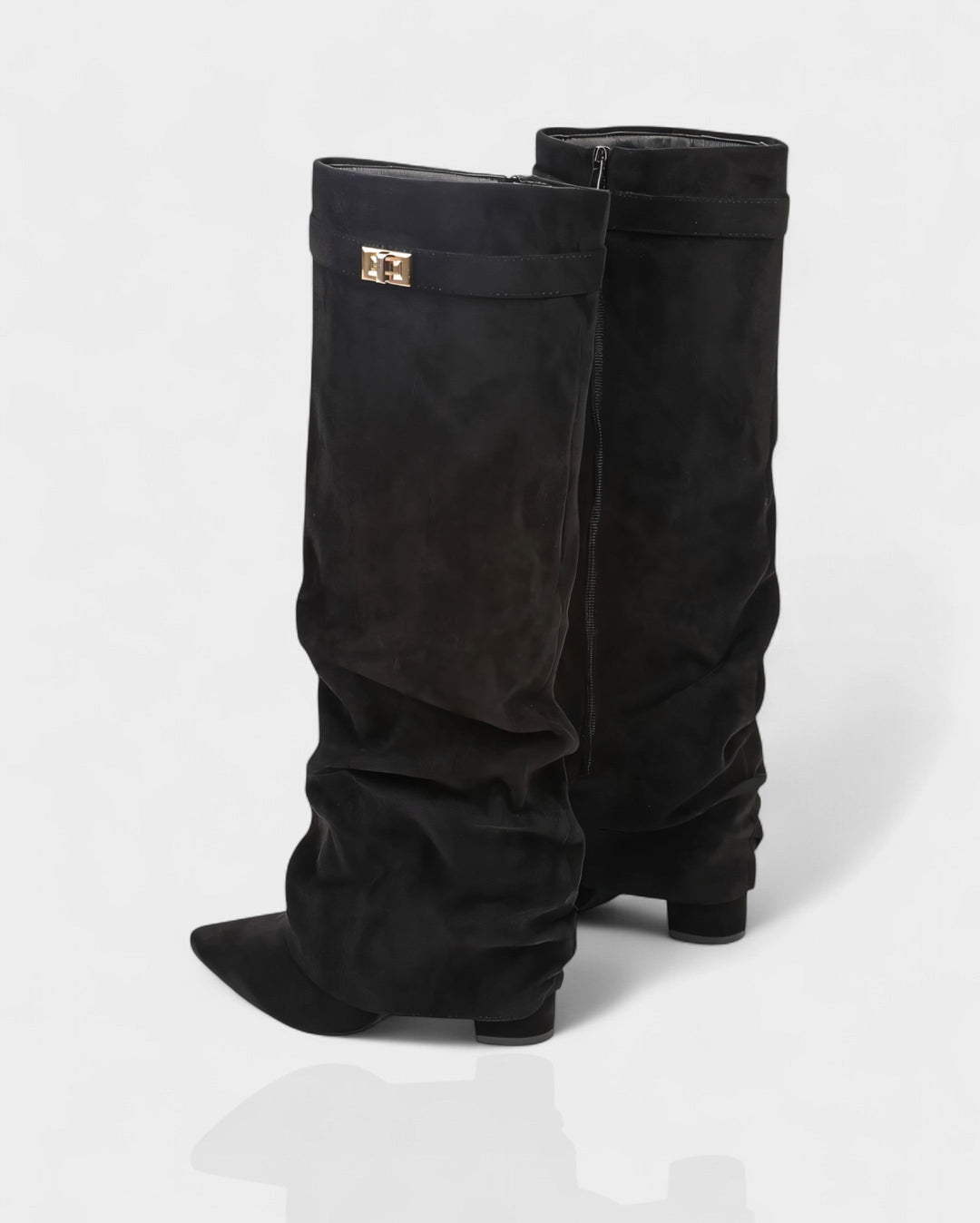 Black suede foldover knee boots seen from behind the heel