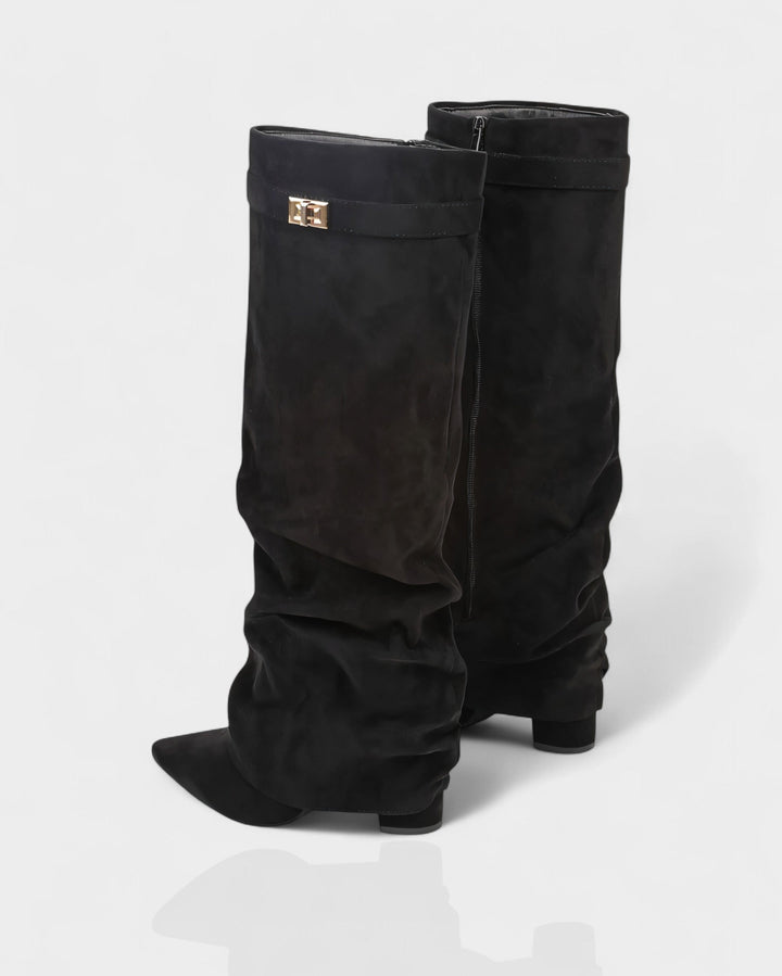 Black suede foldover knee boots seen from behind the heel