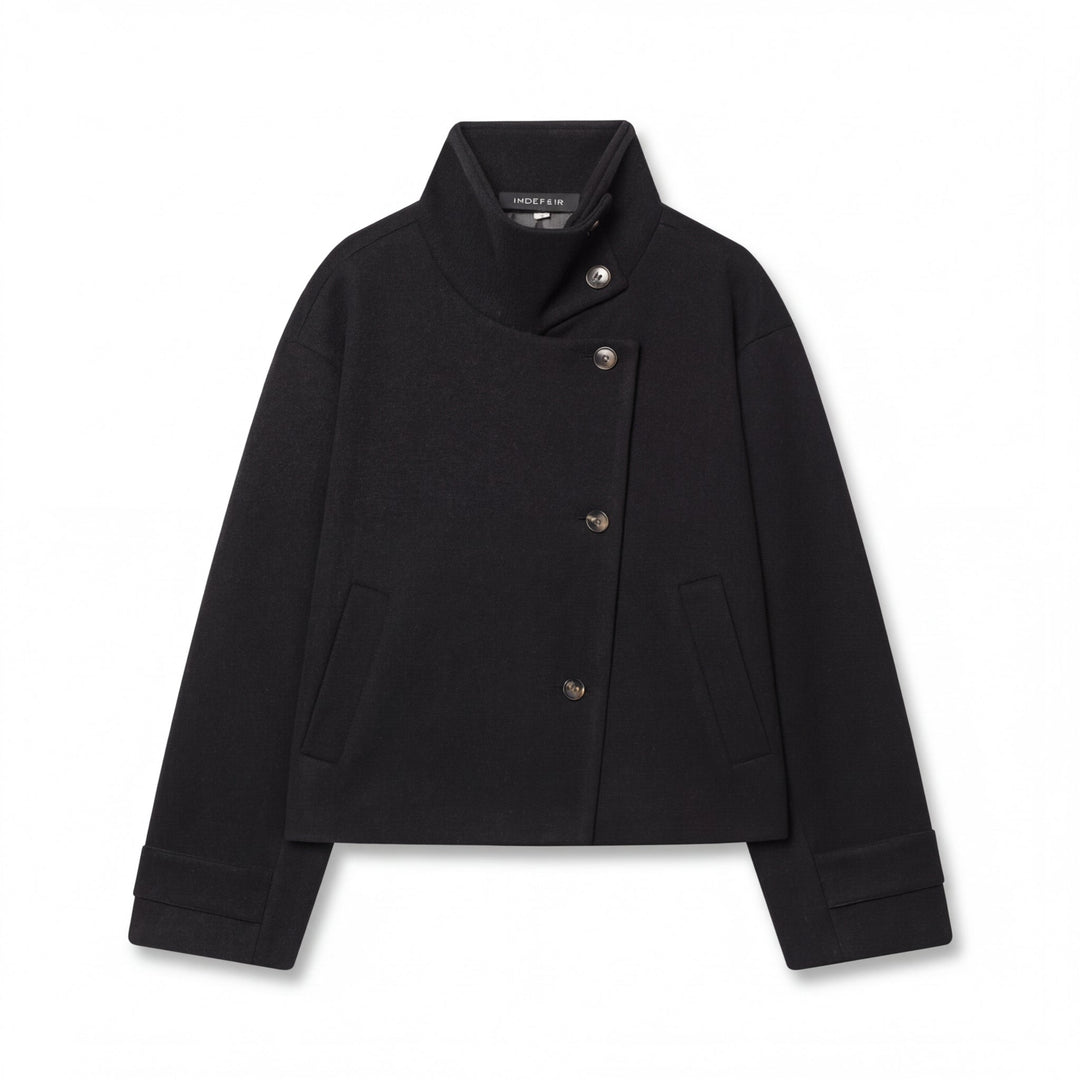 Black cropped wool jacket with a stand collar, shown flat