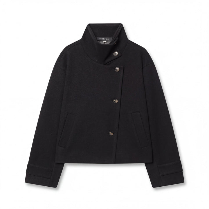 Black cropped wool jacket with a stand collar, shown flat