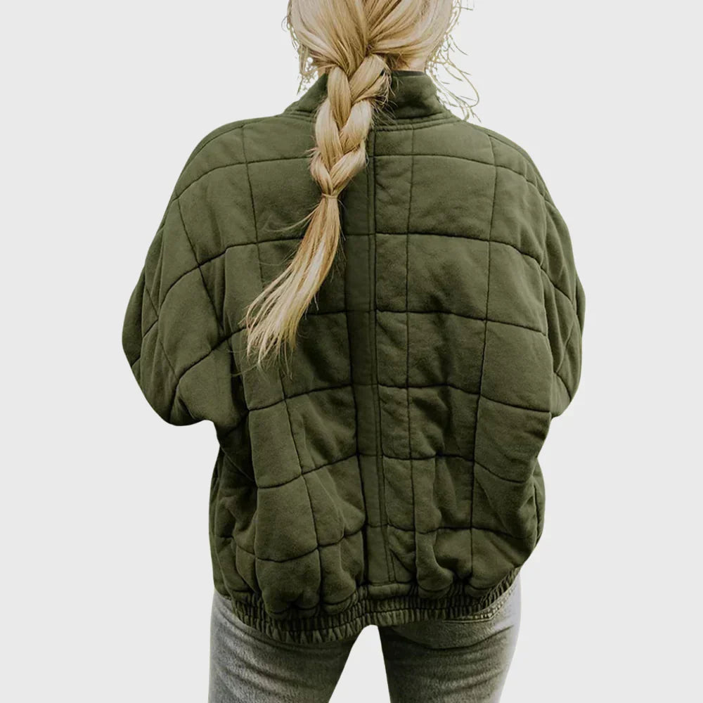 Olive box quilted bomber jacket showing the square quilting, back view