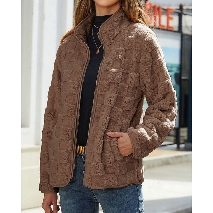 Brown checkerboard texture zip jacket worn open, front view