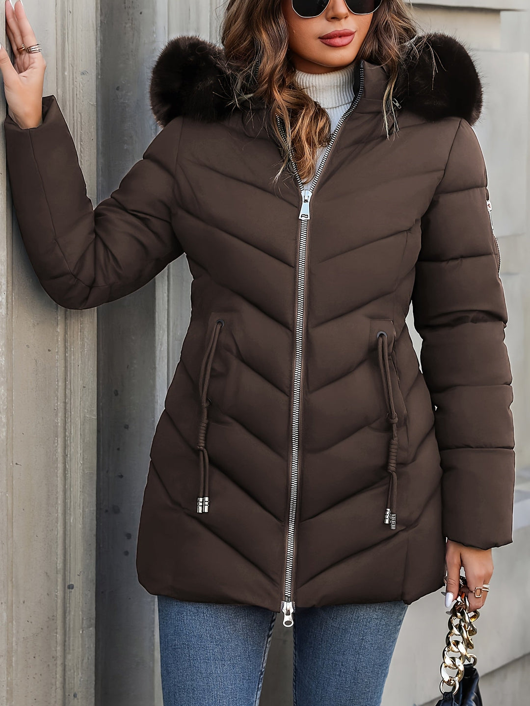 Brown quilted coat with a faux fur hood, worn zipped